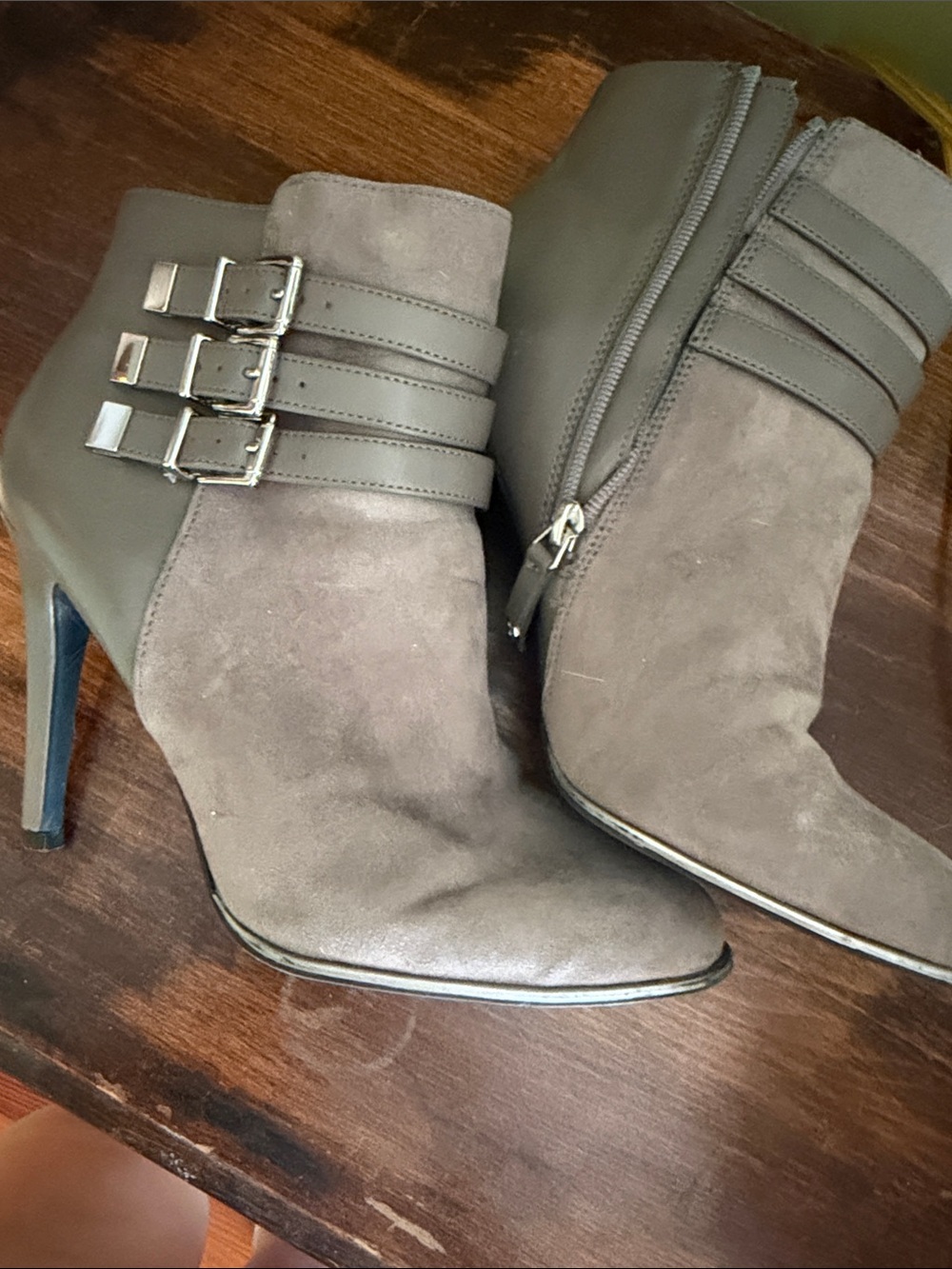 Sam & Libby Taupe Pointed-Toe Suede & Leather Ankle Booties with Triple Buckles